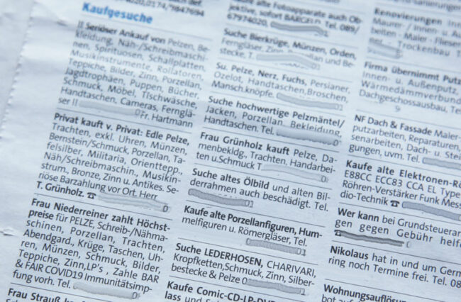 Zeitungsanzeigen von zwielichtigen Pelzankäufern