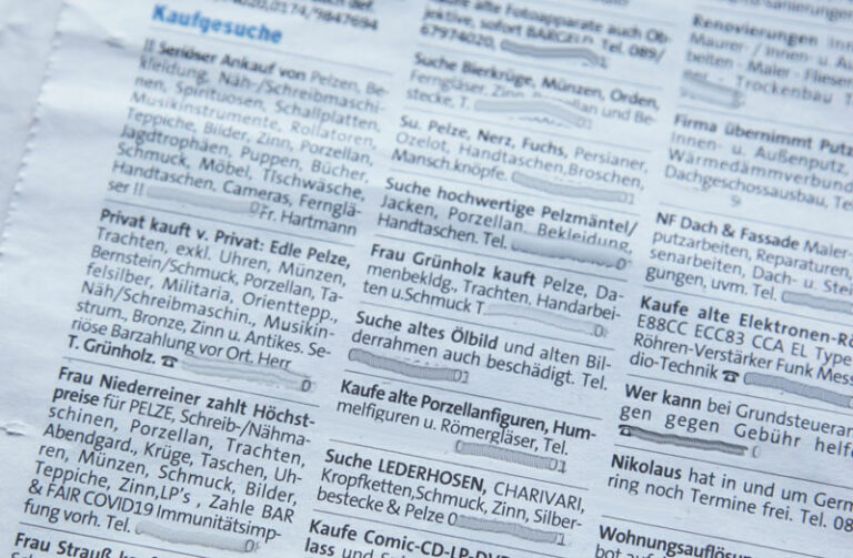 Zeitungsanzeigen von zwielichtigen Pelzankäufern Zeitungsanzeigen von zwielichtigen Pelzankäufern